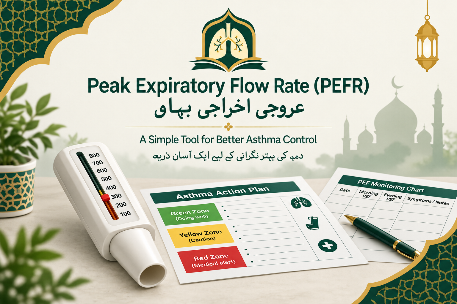 A healthcare-themed PEFR illustration featuring an unbranded peak flow meter, an asthma action plan with green, yellow and red zones, and a PEF monitoring chart. Islamic geometric patterns, a mosque silhouette and gold accents decorate the deep forest green and off-white design. The image includes the titles “Peak Expiratory Flow Rate (PEFR)” and “عروجی اخراجی بہاؤ”.
