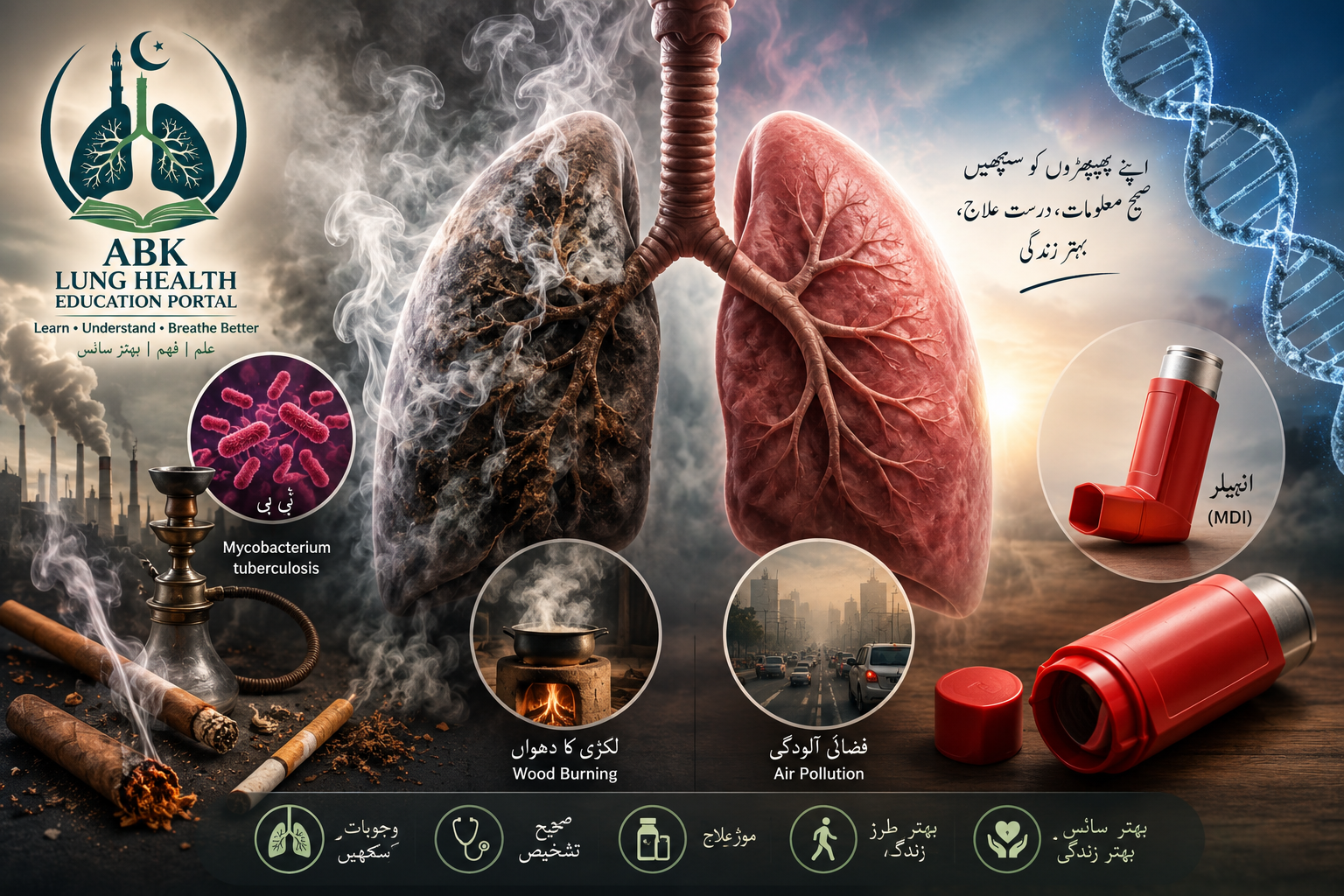 A medical illustration for COPD showing damaged and healthier lungs surrounded by common COPD-related factors, including cigarettes, huqqa,   cigars, smoke, wood burning, air pollution, tuberculosis bacteria, and genetic   factors represented by DNA. Red MDI inhalers are shown to represent inhaled   treatment. The ABK Lung Health Education Portal logo is displayed prominently.