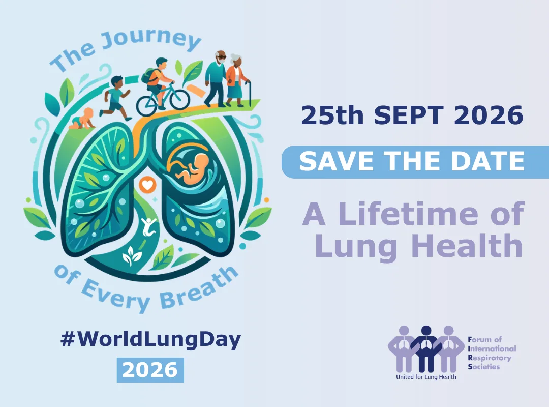 World Lung Day 2026 campaign poster by FIRS (Forum of International Respiratory Societies). On the left, a stylized circular emblem shows human lungs shaped with lush green leaves and an embryo inside, encircled by the text "The Journey of Every Breath". Above the lungs, a curving yellow path illustrates human life stages from infancy to older age—a crawling baby, running child, cycling teenager, adult, and an elderly couple walking with a cane. On the right, bold text announces "25th SEPT 2026", "SAVE THE DATE", and the theme "A Lifetime of Lung Health", alongside the hashtag #WorldLungDay 2026 and the FIRS logo.